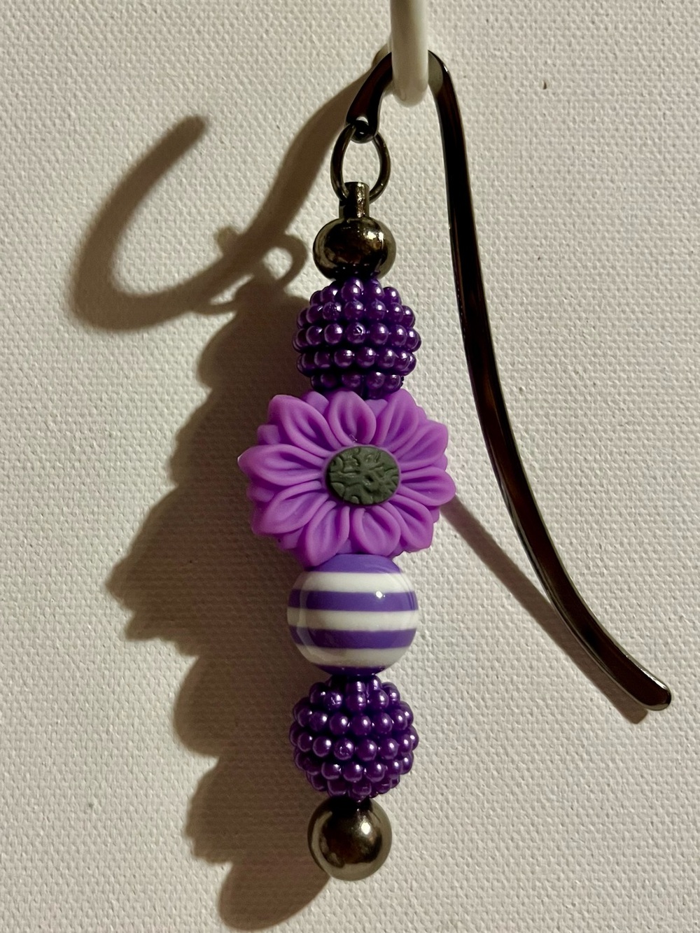 Purple Flower w/White & Purple Stripes & Shiny Purple Bubble Beaded Bookmark
